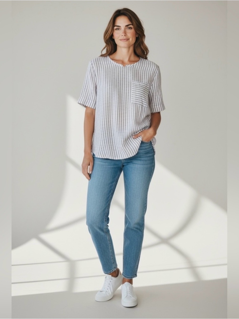 Nicole Miller Striped Linen Pocket Tee // Blue & Red // Small